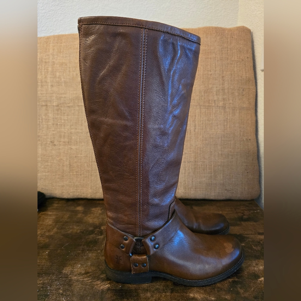 Frye Women's Phillip Harness Extended Calf Brown Leather Tall Boots 6.5